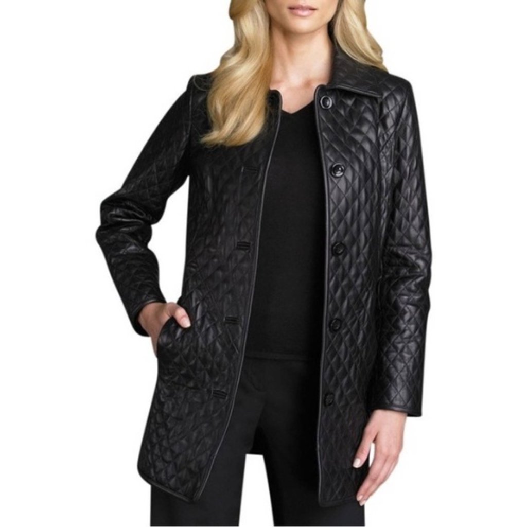 Neiman Marcus 100% Lamb Leather Quilted Button Front Collared Jacket Coat 1x